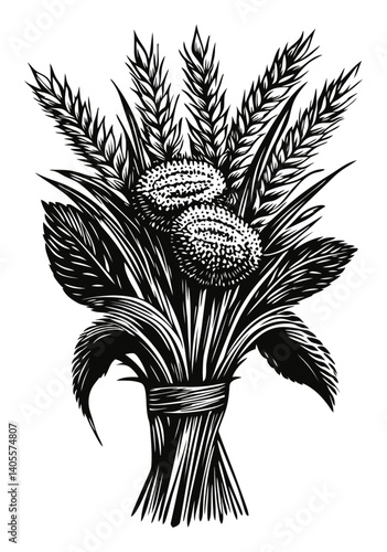 Intricate Black and White Engraving of Wheat and Flowers Arrangement