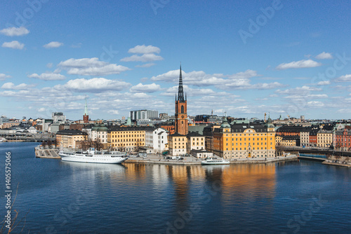 Photography panorama of stockholm on beautiful sunny day with water reflections and clouds