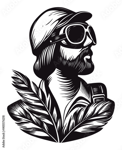 Vintage Engraving of Soldier with Helmet and Sunglasses in Profile
