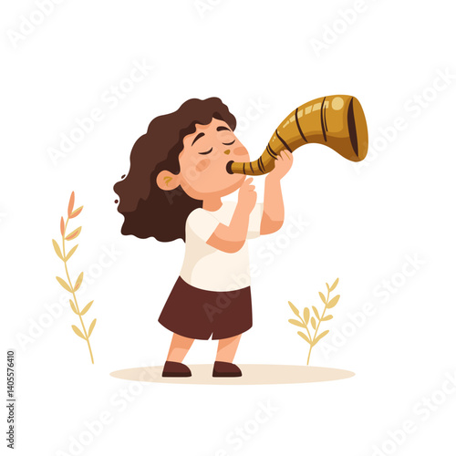 Girl blowing shofar horn for celebration

