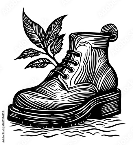 Vintage Engraving of a Boot Surrounded by Leaves and Nature Elements