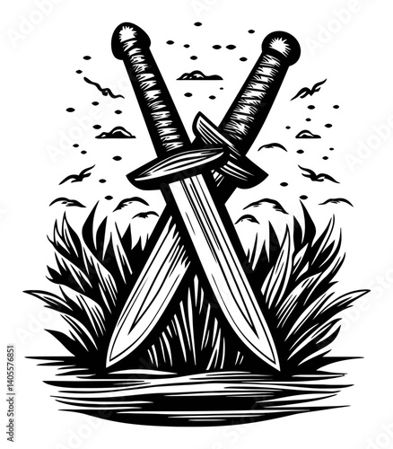 Engraving of Two Swords Crossed in a Decorative Natural Scene