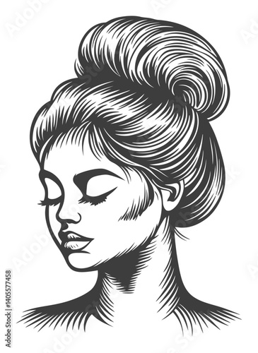 Elegant Engraving of a Young Woman with a Stylish Hair Bun