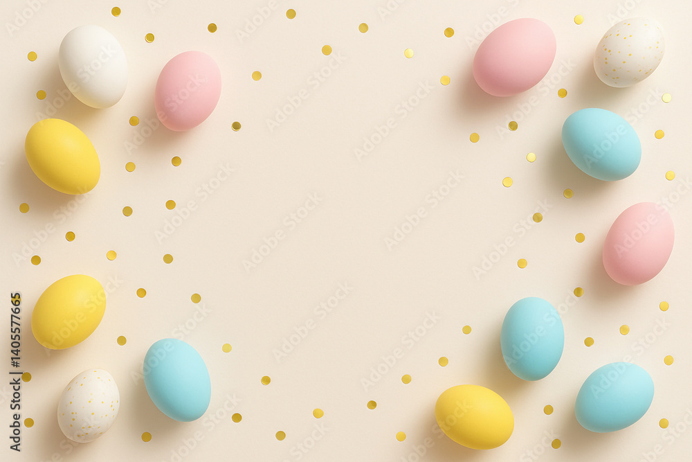 Colorful Easter Egg Flat Lay on Cream Background with Gold Confetti Colorful Easter Egg Flat Lay on Cream Background with Gold Confetti