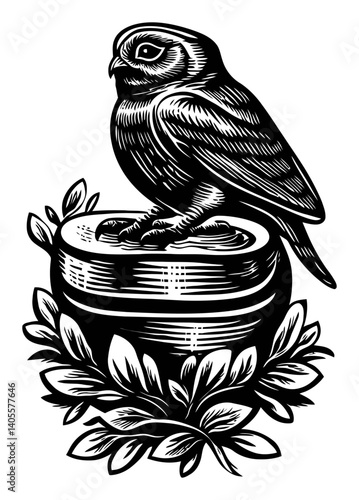 Detailed Black and White Engraving of an Owl on a Decorative Base