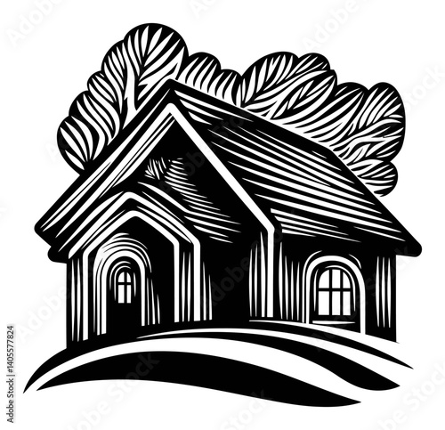 Detailed Black and White Engraving of a Rustic Wooden House