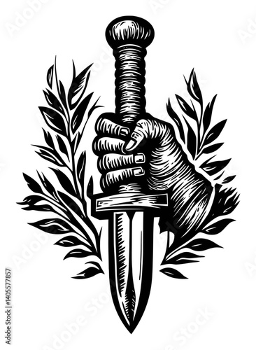Hand Holding Sword Surrounded by Leaves in Detailed Engraving Style