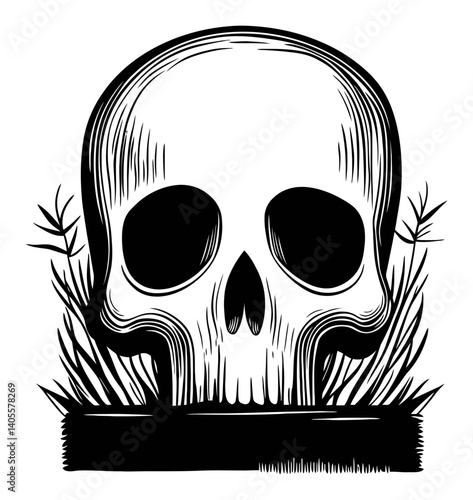Black and White Engraving of a Skull Surrounded by Grasses