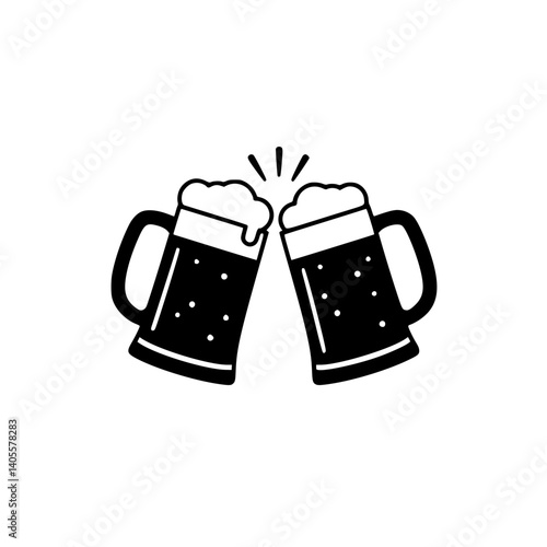 Cheers with Clinking Beer Mugs Vector in Black and White. Pubs and bars menu, Oktoberfest festival