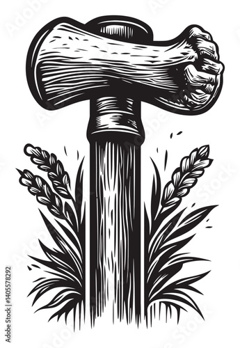 Vintage Engraving of Axe with Fist and Wheat Design