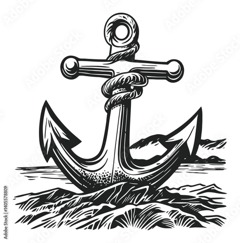 Engraved Anchor Design with Rope Detail on Rocky Shoreline Scene