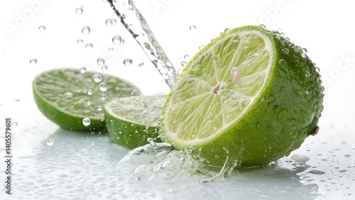 A splash of green citrus lime slices in fresh, juicy water