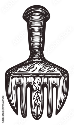 Detailed Engraving of a Garden Hand Tool with Four Prongs and Handle