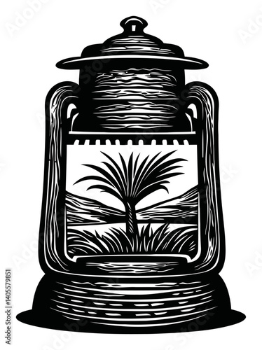 Vintage Engraving of Lantern with Palm Tree and Landscape Design