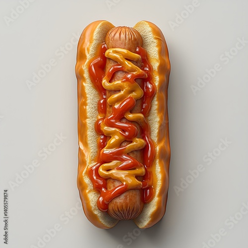 Delicious hotdog topped with mustard and ketchup on a plain white background
