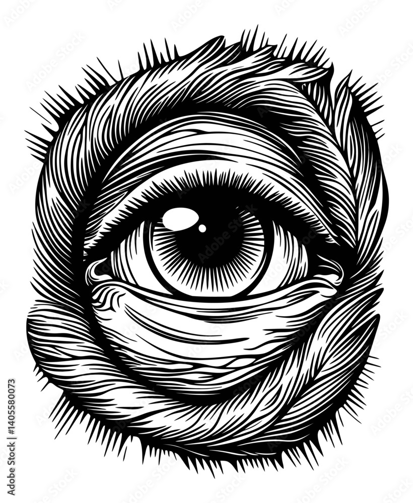 Obraz premium Intricate Engraving of an Eye Surrounded by Flower Petals and Leaves