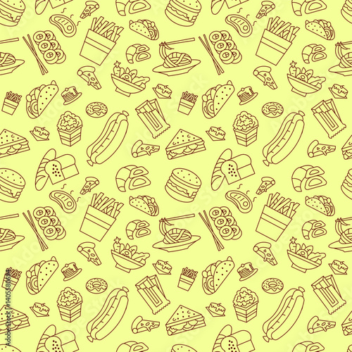 Seamless pattern of various fast food illustrations in black line art on a yellow background. Modern look suits casual food themes. Ideal for packaging, wrapping paper, or restaurant decorations.