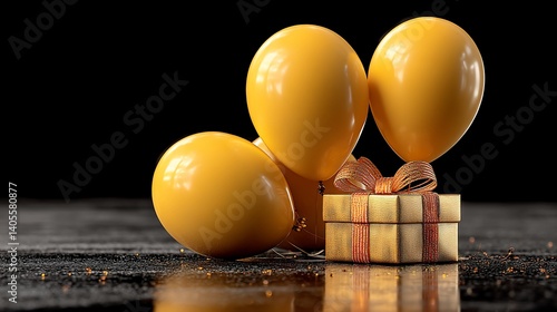 Yellow balloons hover over a gift box