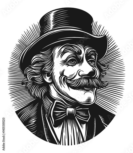 Vintage Engraving of a Smiling Gentleman in a Top Hat and Bow Tie