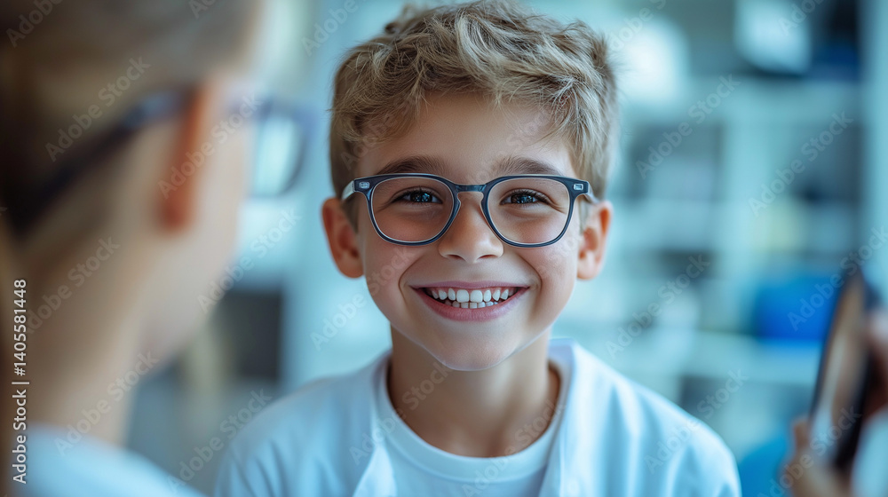 Fototapeta premium Friendly optometrist fitting eyeglasses on young boy 