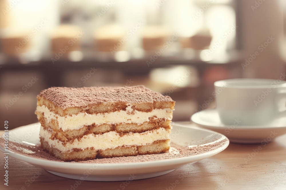 A delectable slice of tiramisu, dusted with cocoa powder. A delectable slice of tiramisu, dusted with cocoa powder.
