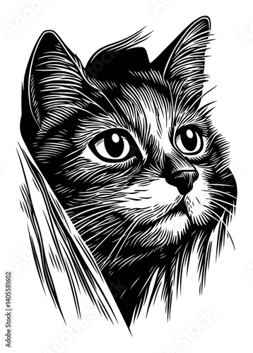 Engraved Cat Portrait with Detailed Expressions and Artistic Lines