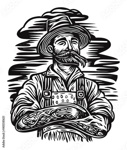 Vintage Engraving of a Proud Fisherman with Fish Catch and Hat