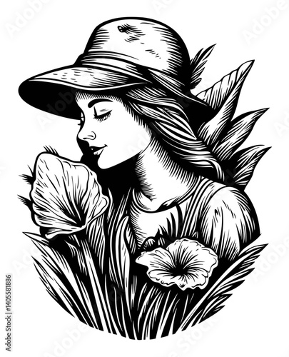 Elegant Woman Engaging with Flowers in Artistic Engraving Style