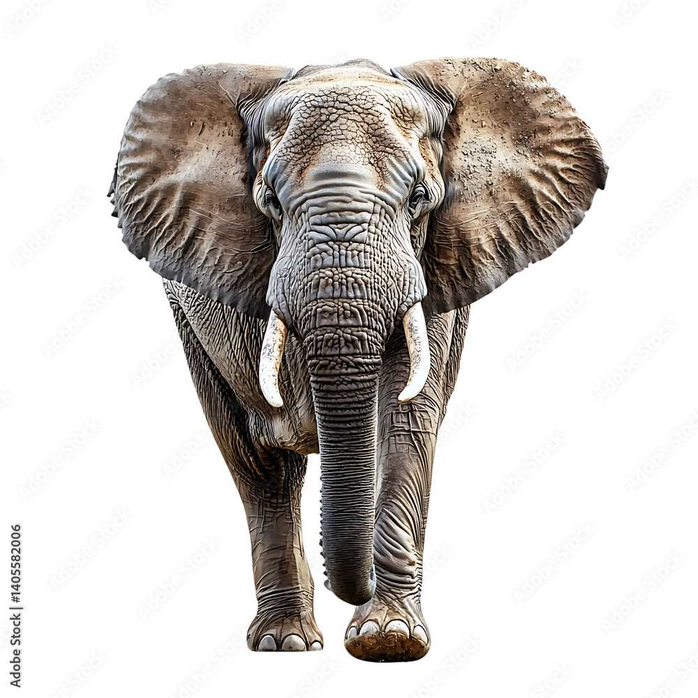 High-resolution image of a gray elephant facing forward with detailed wrinkled skin, large ears, and white tusks, standing on a transparent background