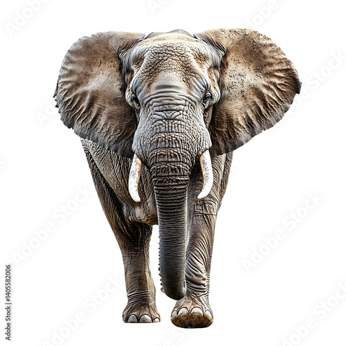Obraz na płótnie High-resolution image of a gray elephant facing forward with detailed wrinkled skin, large ears, and white tusks, standing on a transparent background w salonie