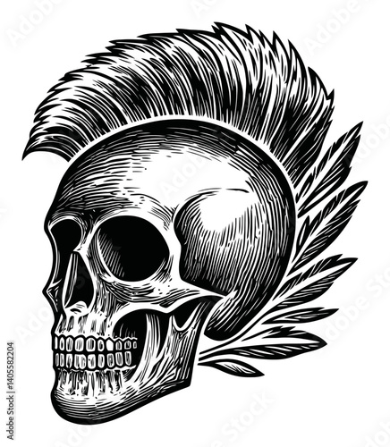 Detailed Engraving of a Skull with Mohawk and Decorative Elements