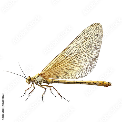 High-resolution image of a beige mayfly with four intricately veined wings spread open and slender body displayed on a transparent background