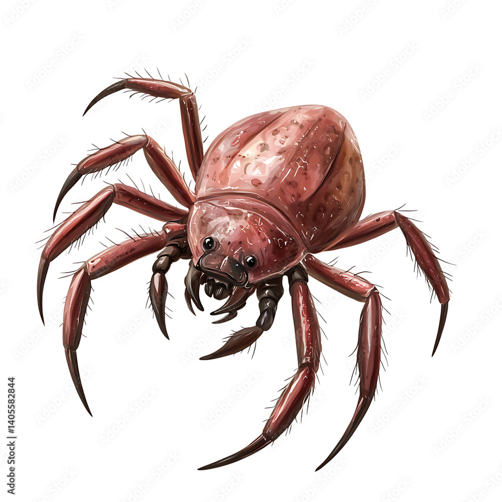 High-resolution image of a red-brown mite with detailed body texture, eight pointed legs, and tiny facial features isolated on a transparent background