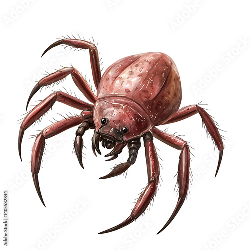 High-resolution image of a red-brown mite with detailed body texture, eight pointed legs, and tiny facial features isolated on a transparent background