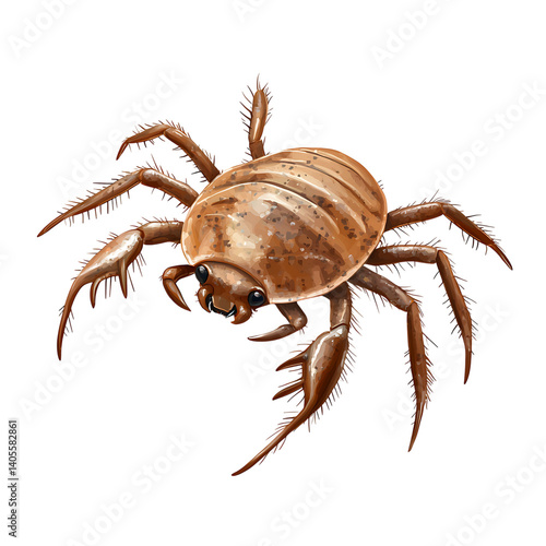 High-resolution image of a red-brown mite with detailed body texture, eight pointed legs, and tiny facial features isolated on a transparent background