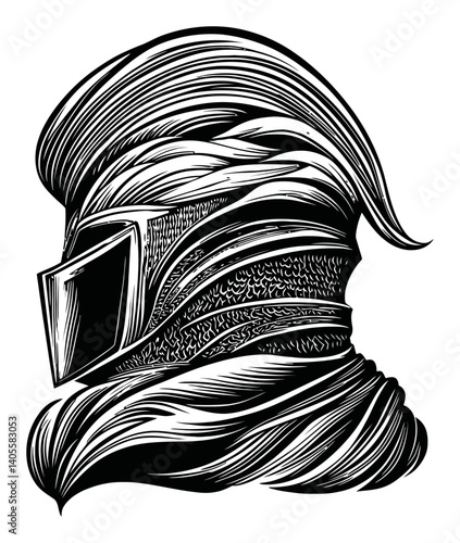 Detailed Engraving of a Knight's Helmet with Artistic Flare