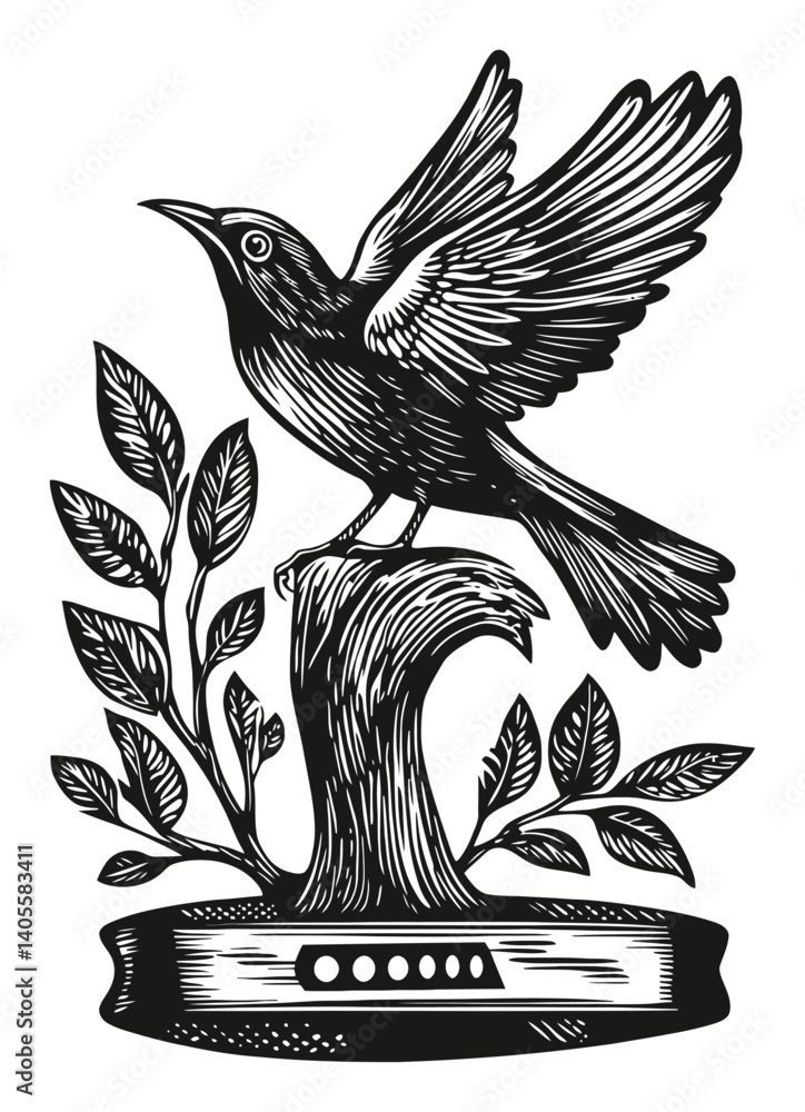 Naklejka premium Engraved Bird Design with Leaves and Branch on a Vintage Style