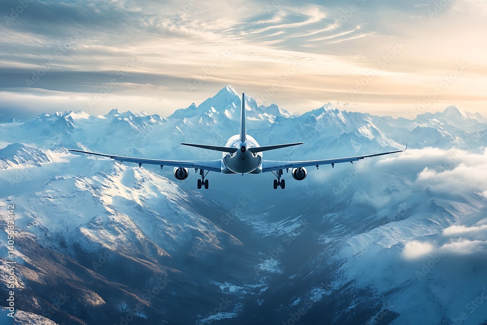 Naklejka premium Airplane flying over the mountains. 3d rendering.