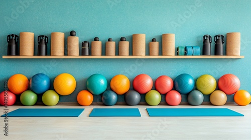 Yoga studio setup exercise balls, weights, rollers, mats against blue wall