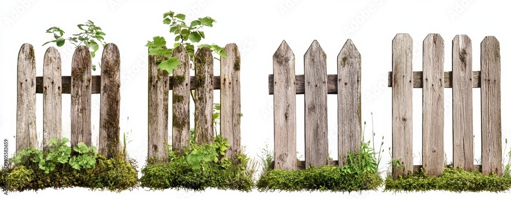 Obraz premium Rustic Wooden Fence Panels with Greenery and Moss Growth