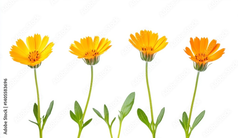 Vibrant Yellow Flowers with Green Leaves on White Background Vibrant Yellow Flowers with Green Leaves on White Background