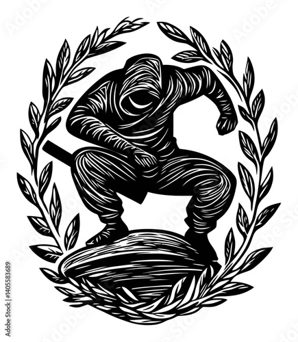 Black and White Engraving of a Warrior in Action with Leaf Frame