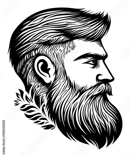 Detailed Engraving of a Man's Profile with a Majestic Beard
