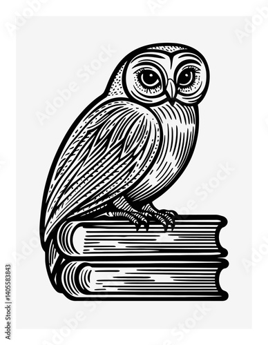 Detailed Black and White Engraving of Owl Sitting on Books