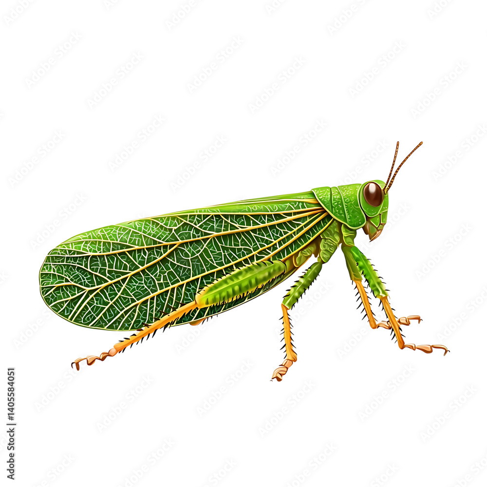 High-resolution image of a green leafhopper insect featuring prominent red eyes, leaf-like textured wings, and fine body detail on a transparent background