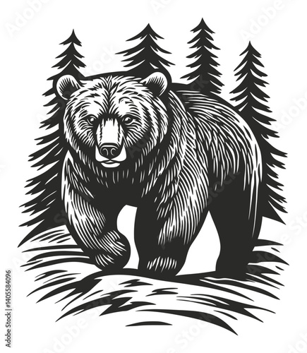 Detailed Engraving of a Majestic Bear in a Natural Forest Scene