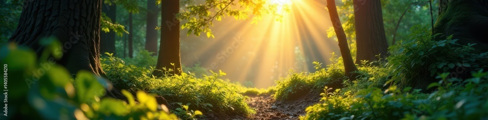 Fototapeta premium Vibrant sunlight illuminates forest undergrowth, wildflowers, plant life