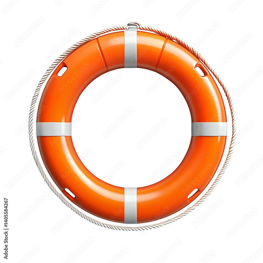 Realistic mockup of a lifebuoy ring in alternating white and orange segments with rope detail around the edge placed on a transparent background