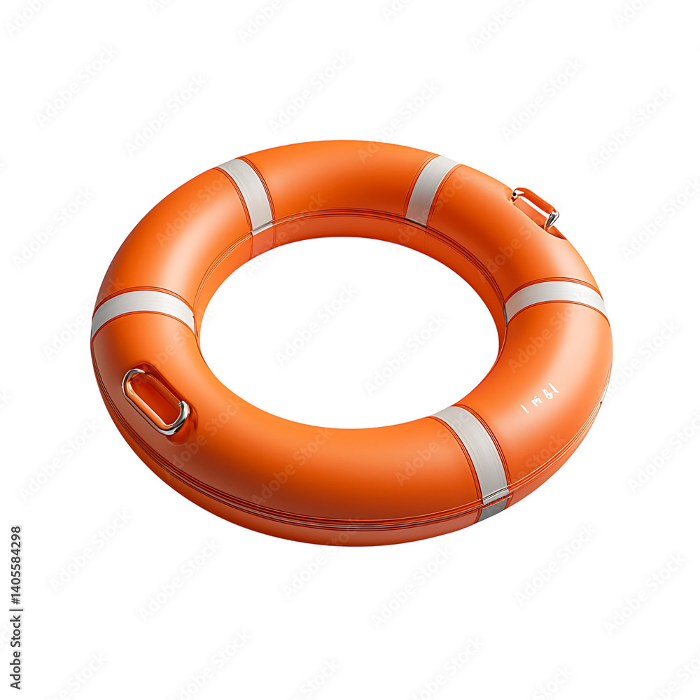 Realistic mockup of a lifebuoy ring in alternating white and orange segments with rope detail around the edge placed on a transparent background