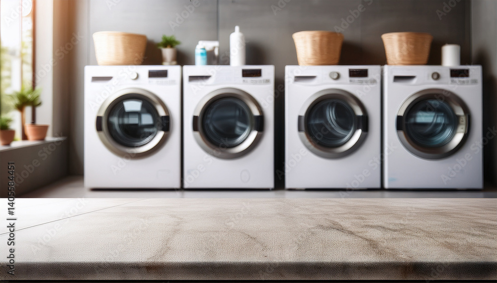tabletop in the background of a laundry room with washing machines for product presentation empty countertop made of concrete in the interior of the room tabletop in the background of a laundry room with washing machines for product presentation empty countertop made of concrete in the interior of the room
